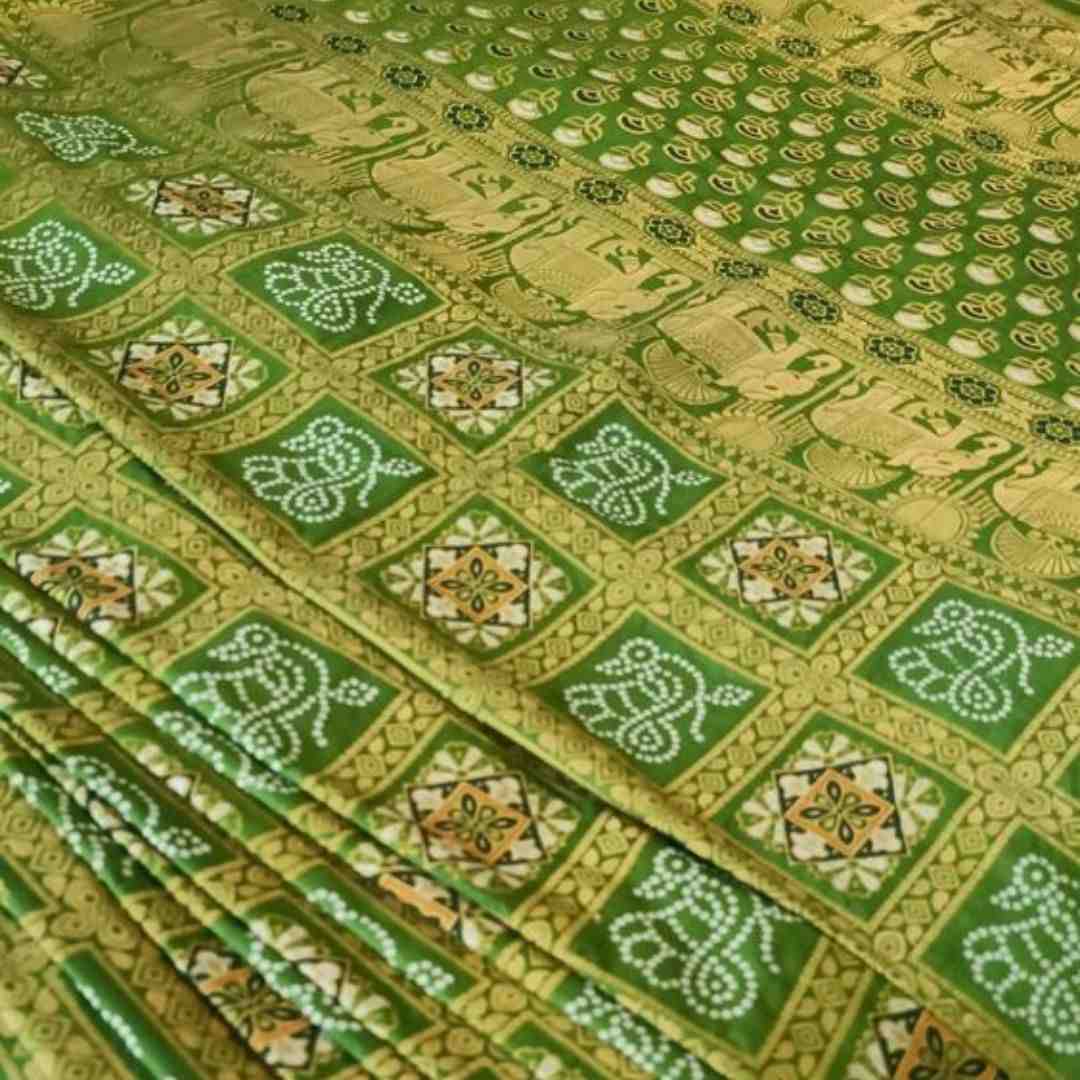 VIBRANT PARROT GREEN CHARM BANDHEJ BANARASI SEMI SILK SAREE