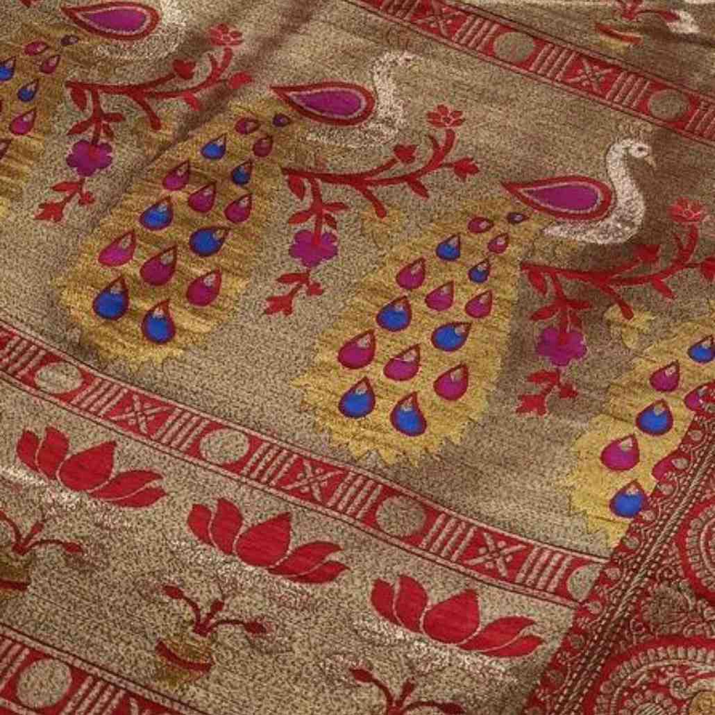 RED PEACOCK BUTTA MOTIFS BANARASI SEMI SILK SAREE
