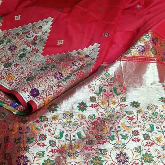 RED TEMPLE SEQUIN BANARASI KATAN SILK SAREE