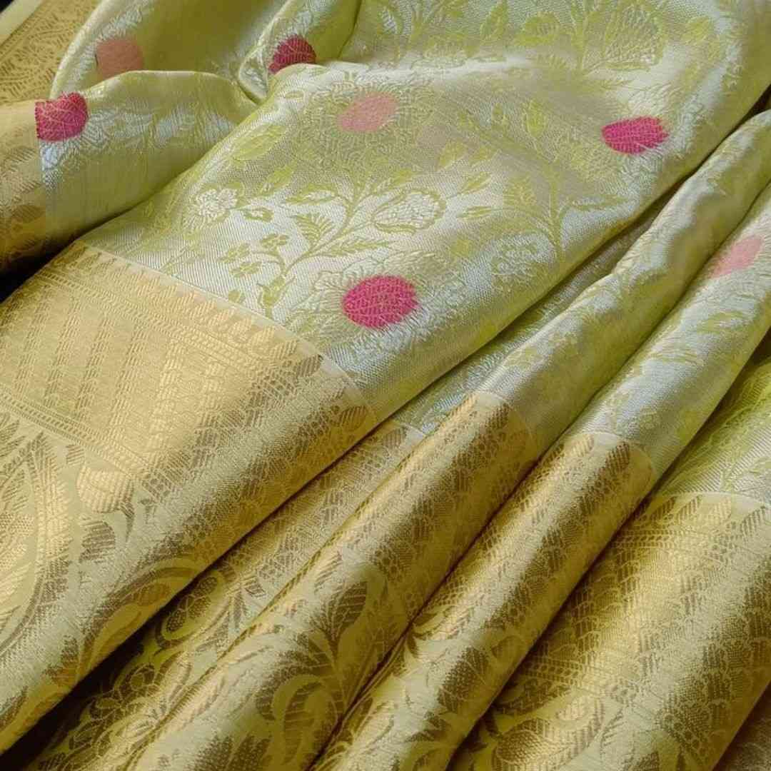 PASTEL YELLOW FLORAL TANCHUI BANARASI BROCADE SILK SAREE