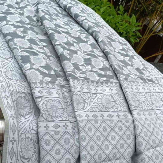 GREY FLORAL BANARASI COTTON WEAVE SAREE
