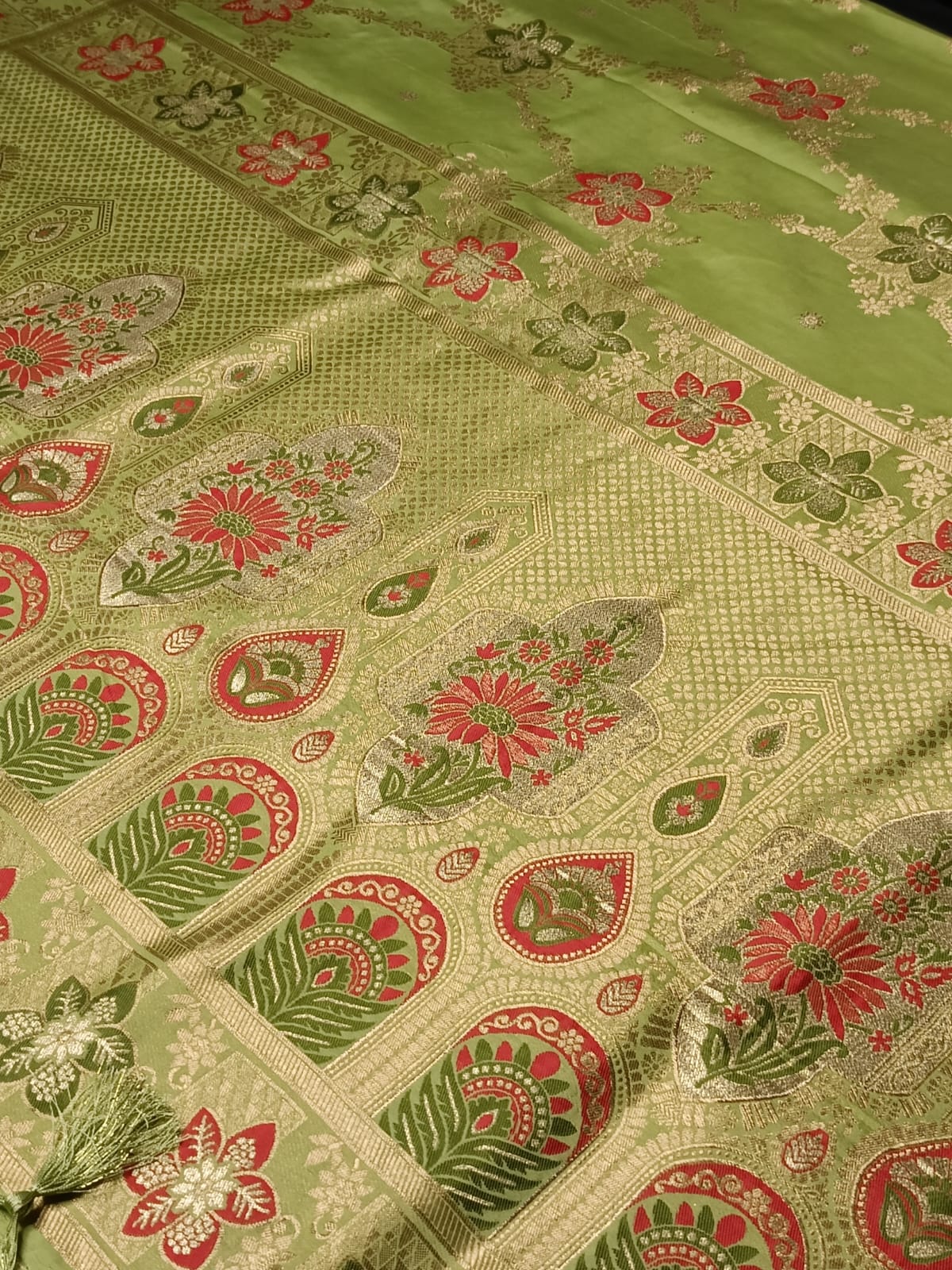 LIGHT GREEN BOX FLORAL JAAL MEENA BANARASI VISCOSE SAREE