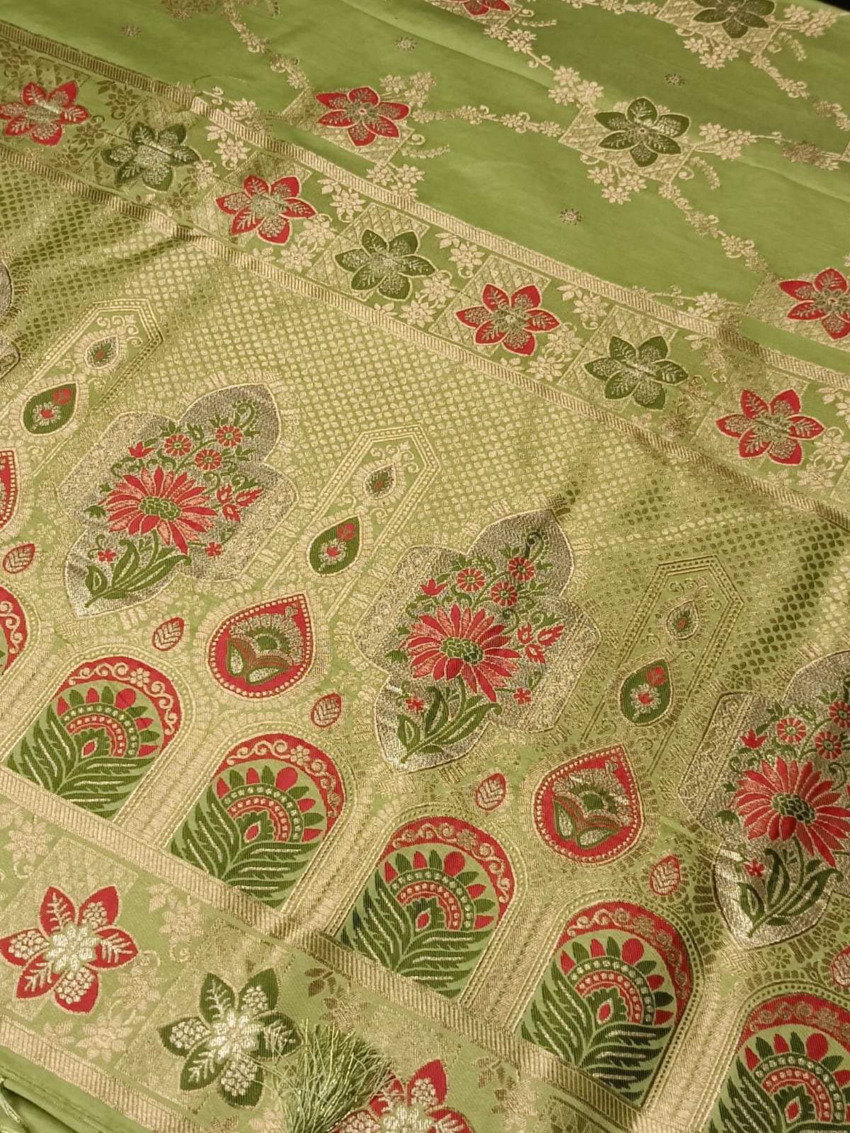 LIGHT GREEN BOX FLORAL JAAL MEENA BANARASI VISCOSE SAREE