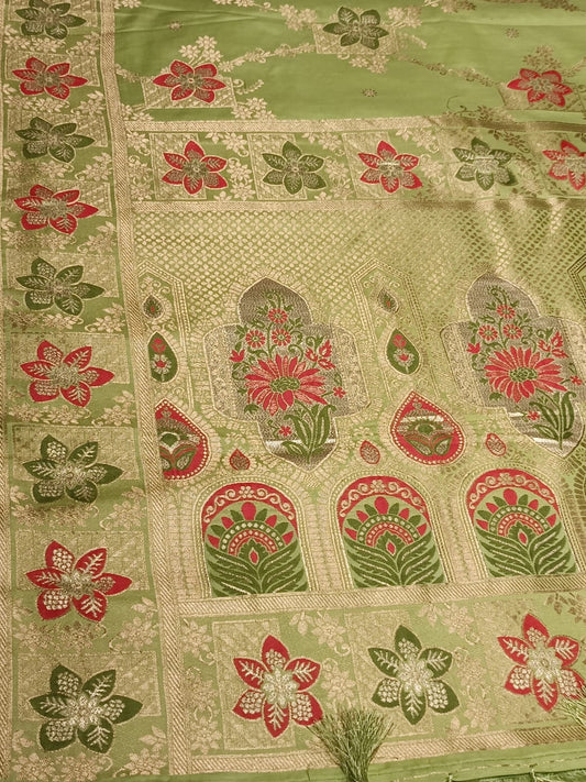 LIGHT GREEN BOX FLORAL JAAL MEENA BANARASI VISCOSE SAREE
