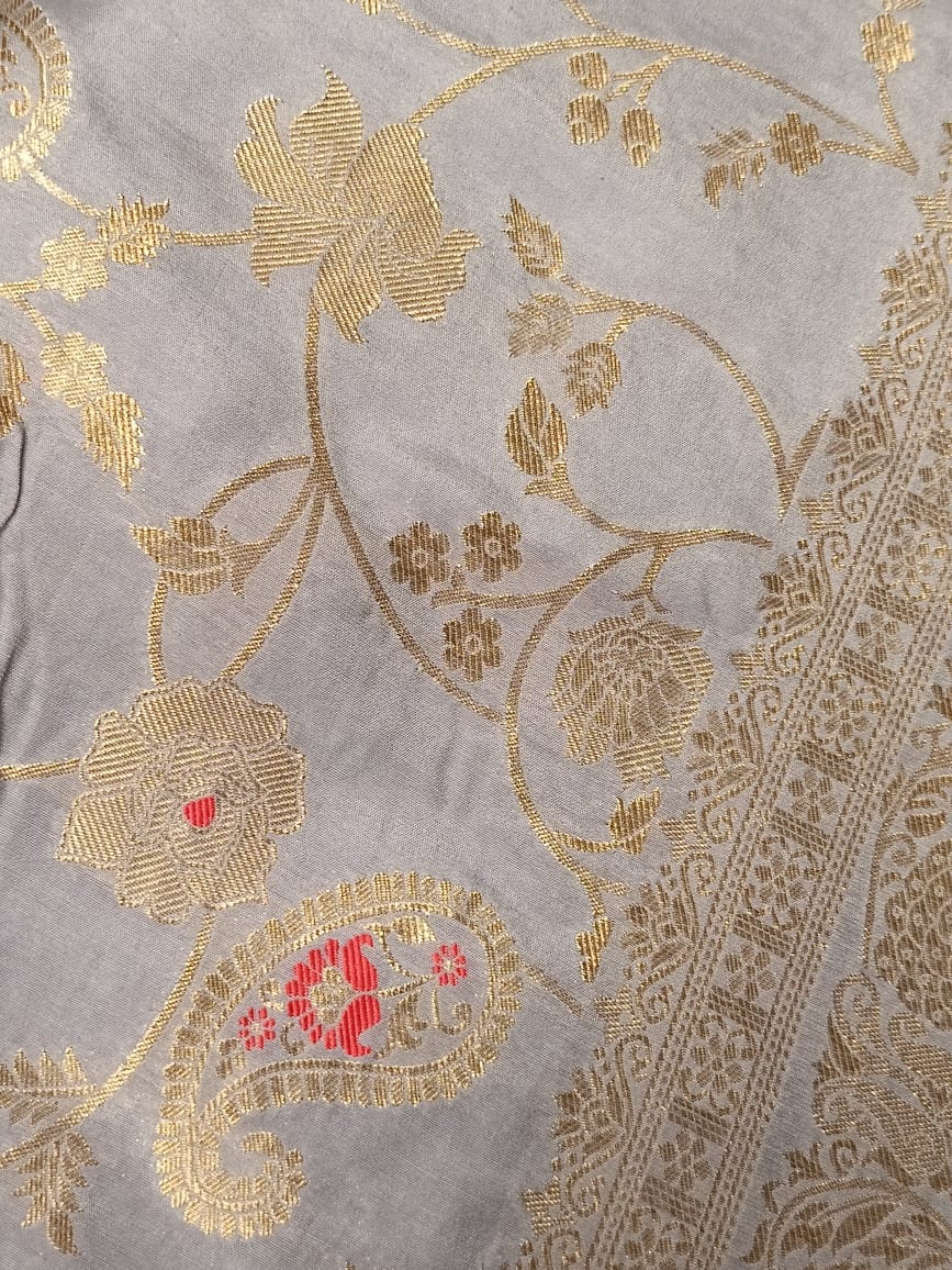GREY FLORAL JAAL MEENA BANARASI VISCOSE SAREE