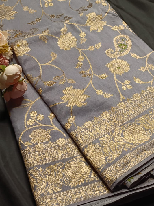 GREY FLORAL JAAL MEENA BANARASI VISCOSE SAREE