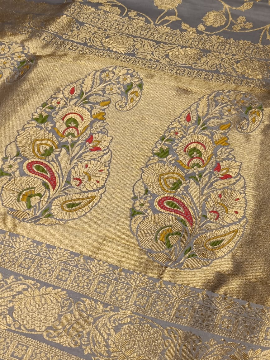GREY FLORAL JAAL MEENA BANARASI VISCOSE SAREE