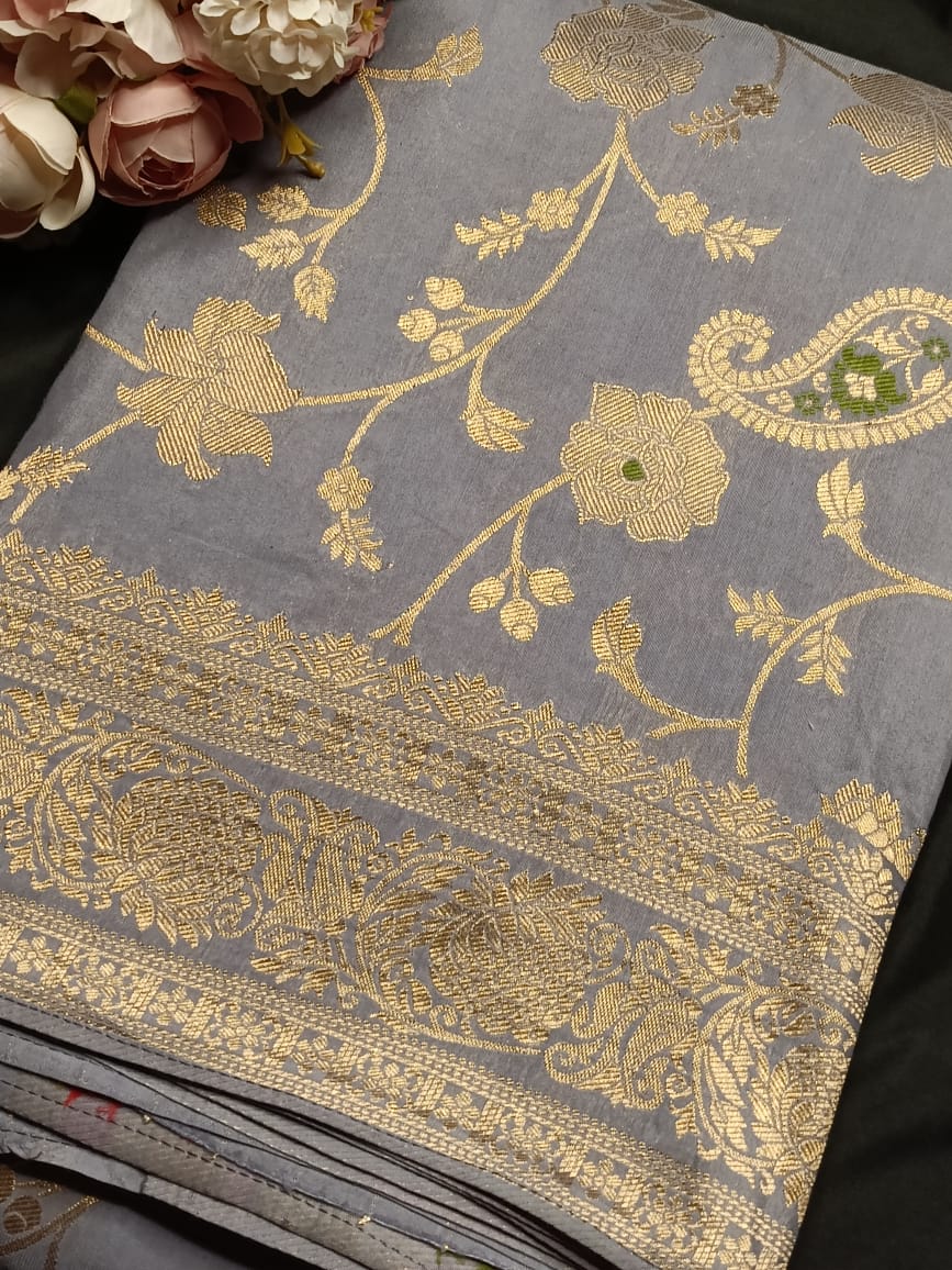 GREY FLORAL JAAL MEENA BANARASI VISCOSE SAREE
