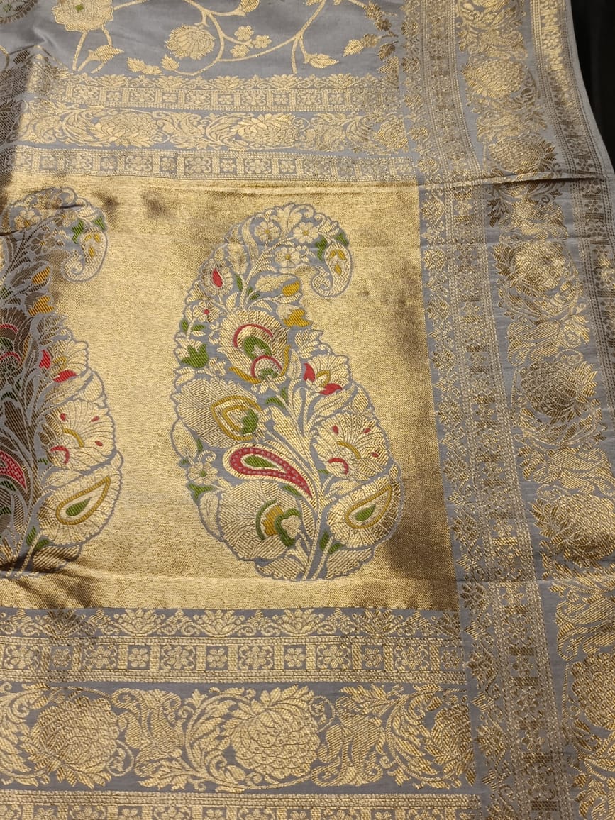 GREY FLORAL JAAL MEENA BANARASI VISCOSE SAREE