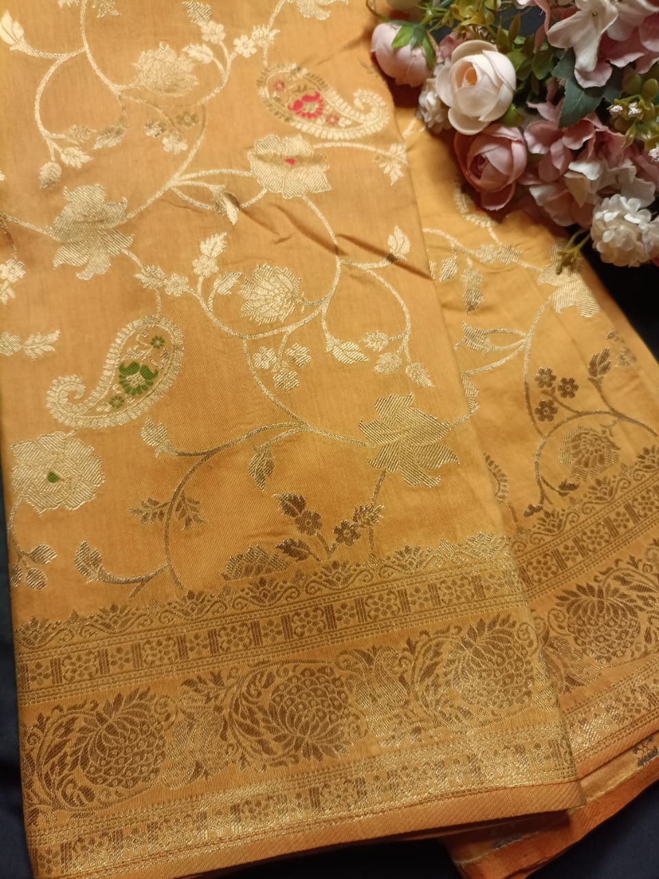 CARROT ORANGE FLORAL JAAL MEENA BANARASI VISCOSE SAREE