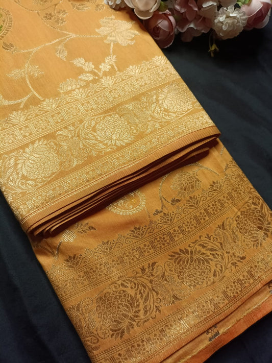 CARROT ORANGE FLORAL JAAL MEENA BANARASI VISCOSE SAREE