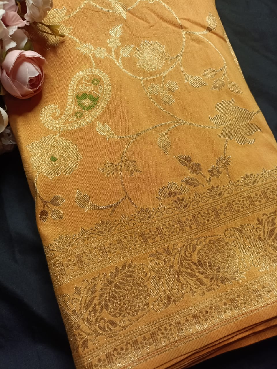 CARROT ORANGE FLORAL JAAL MEENA BANARASI VISCOSE SAREE