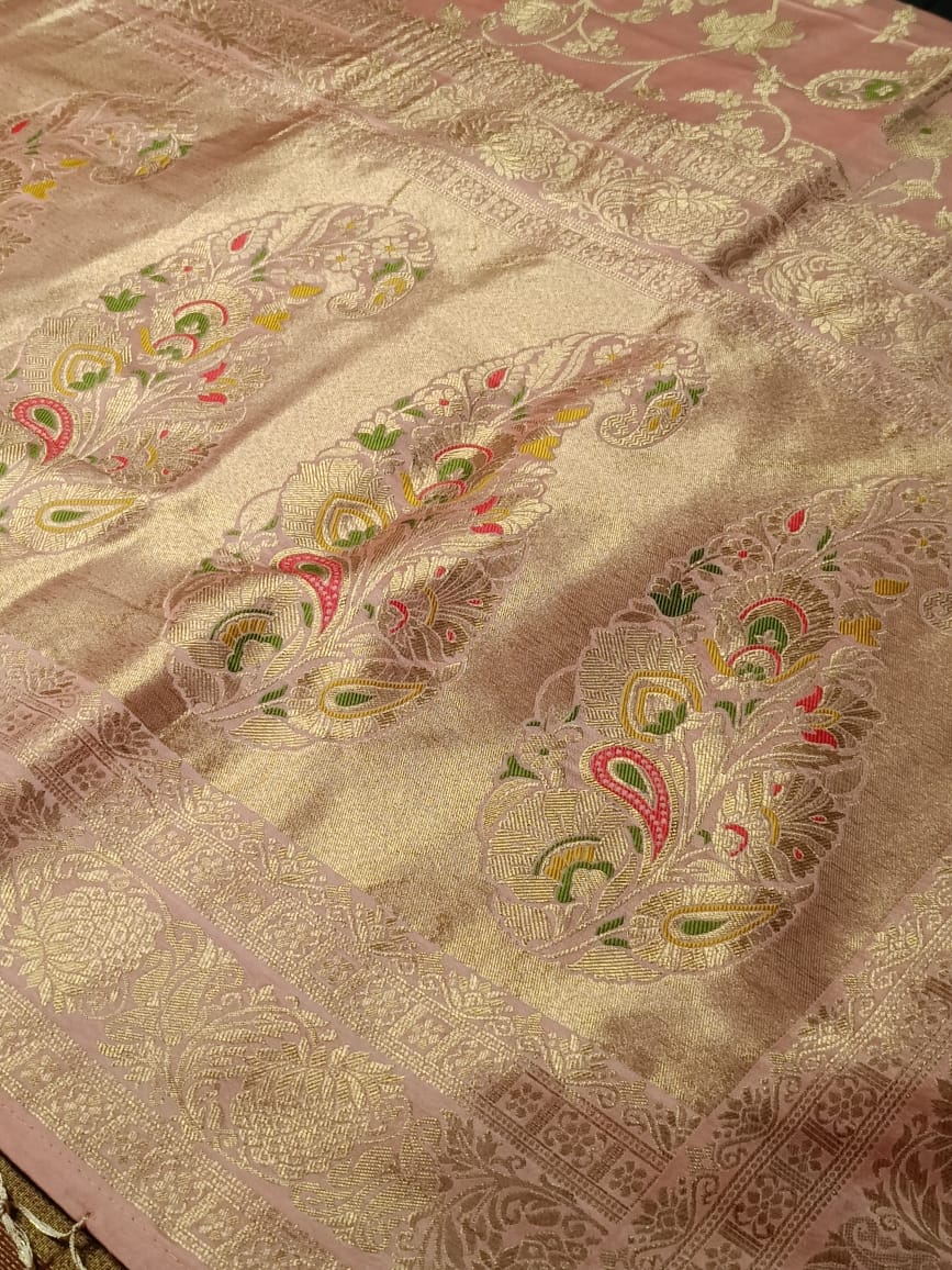 BABY PINK FLORAL JAAL MEENA BANARASI VISCOSE SAREE
