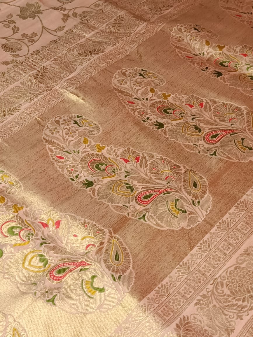 BABY PINK FLORAL JAAL MEENA BANARASI VISCOSE SAREE