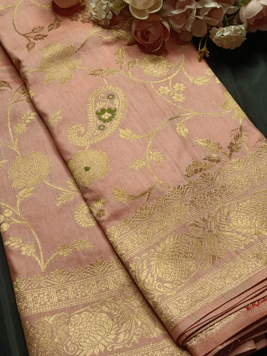 BABY PINK FLORAL JAAL MEENA BANARASI VISCOSE SAREE