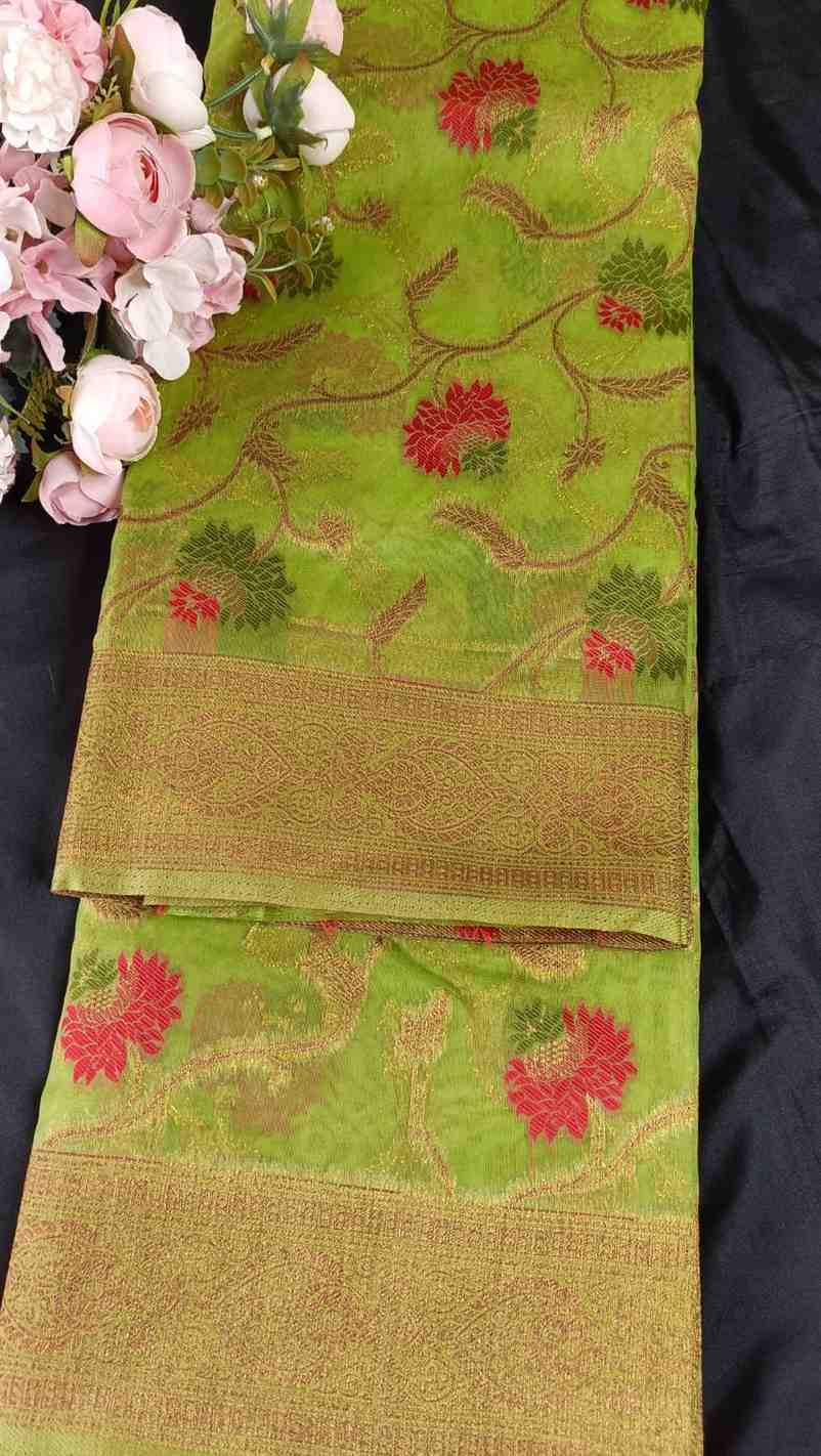 GREEN ANTIQUE MEENA JAAL PARTY ORGANZA
