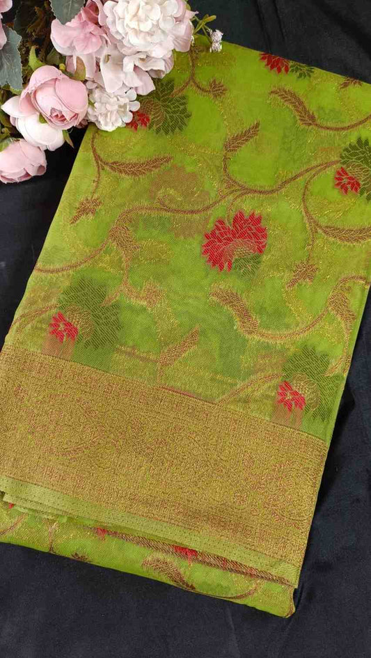 GREEN ANTIQUE MEENA JAAL PARTY ORGANZA