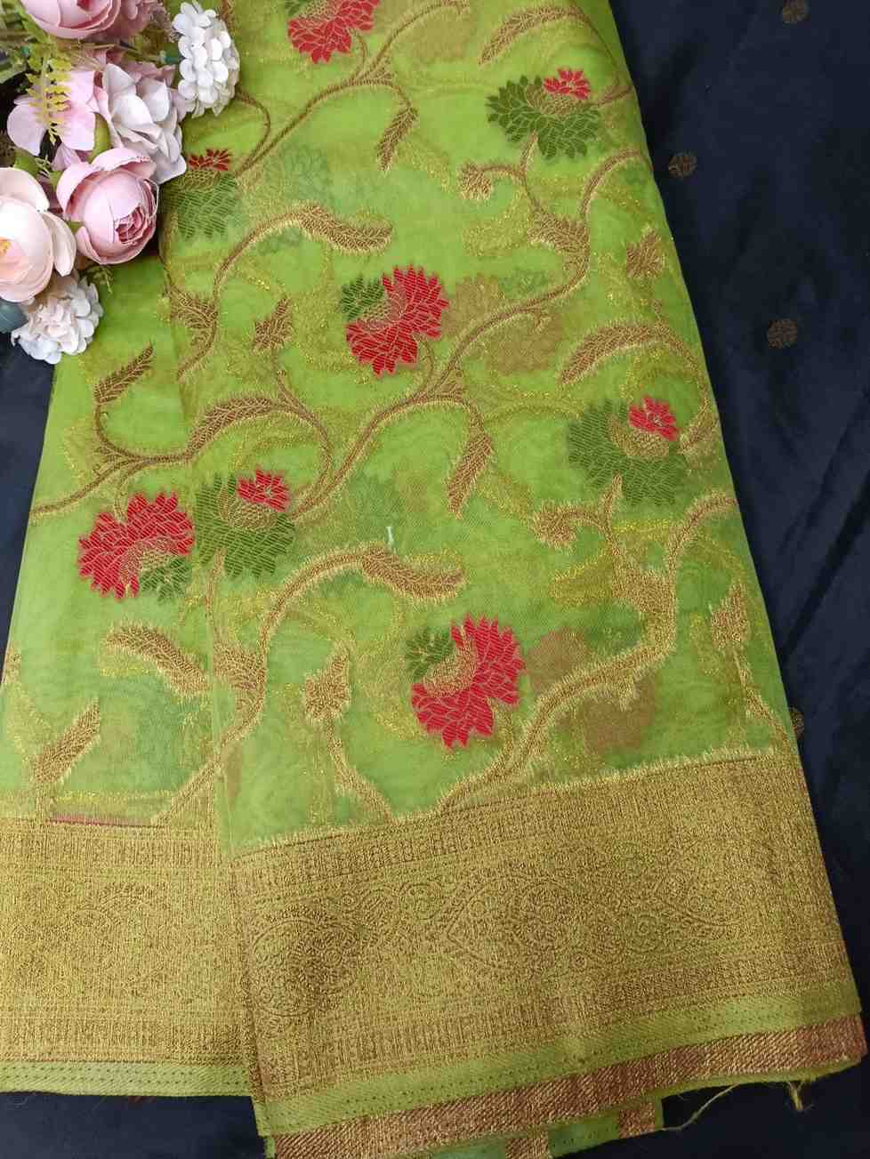 GREEN ANTIQUE MEENA JAAL PARTY ORGANZA