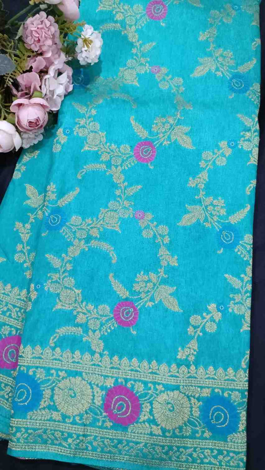 GREEN PANCH MEENA BANARASI SEMI SILK SAREE