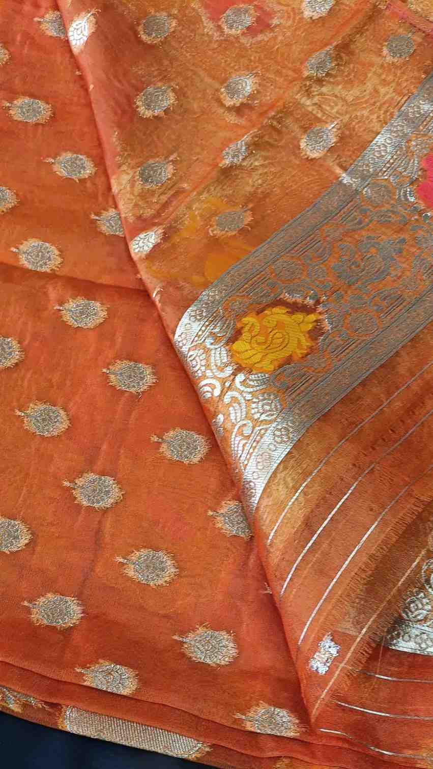 ORANGE PARROT PARTY BANARASI ORGANZA SAREE