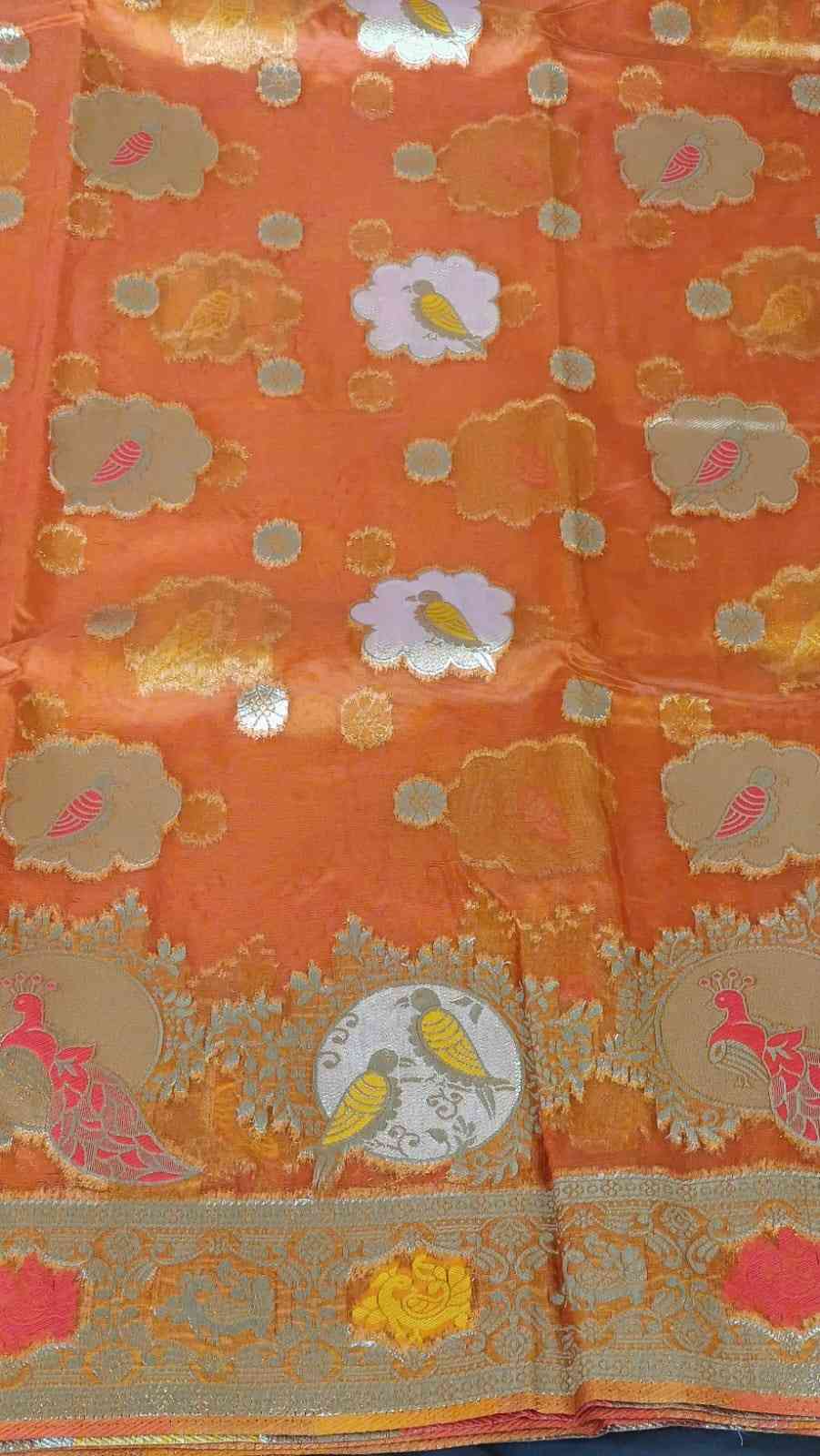 ORANGE PARROT PARTY BANARASI ORGANZA SAREE