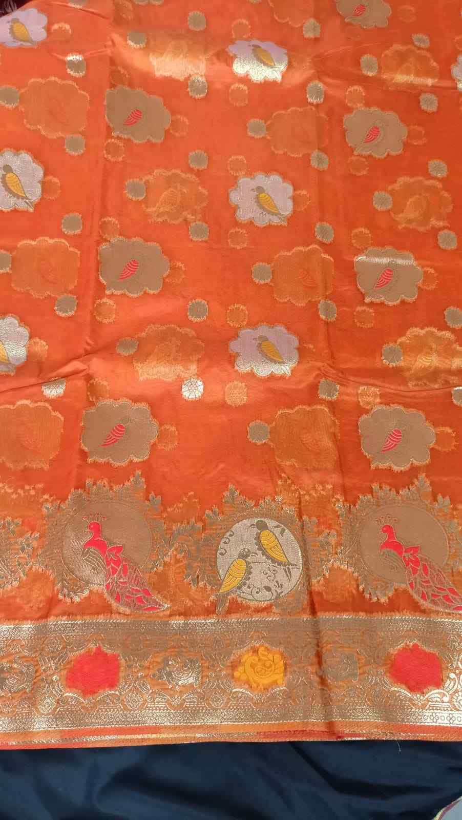 ORANGE PARROT PARTY BANARASI ORGANZA SAREE