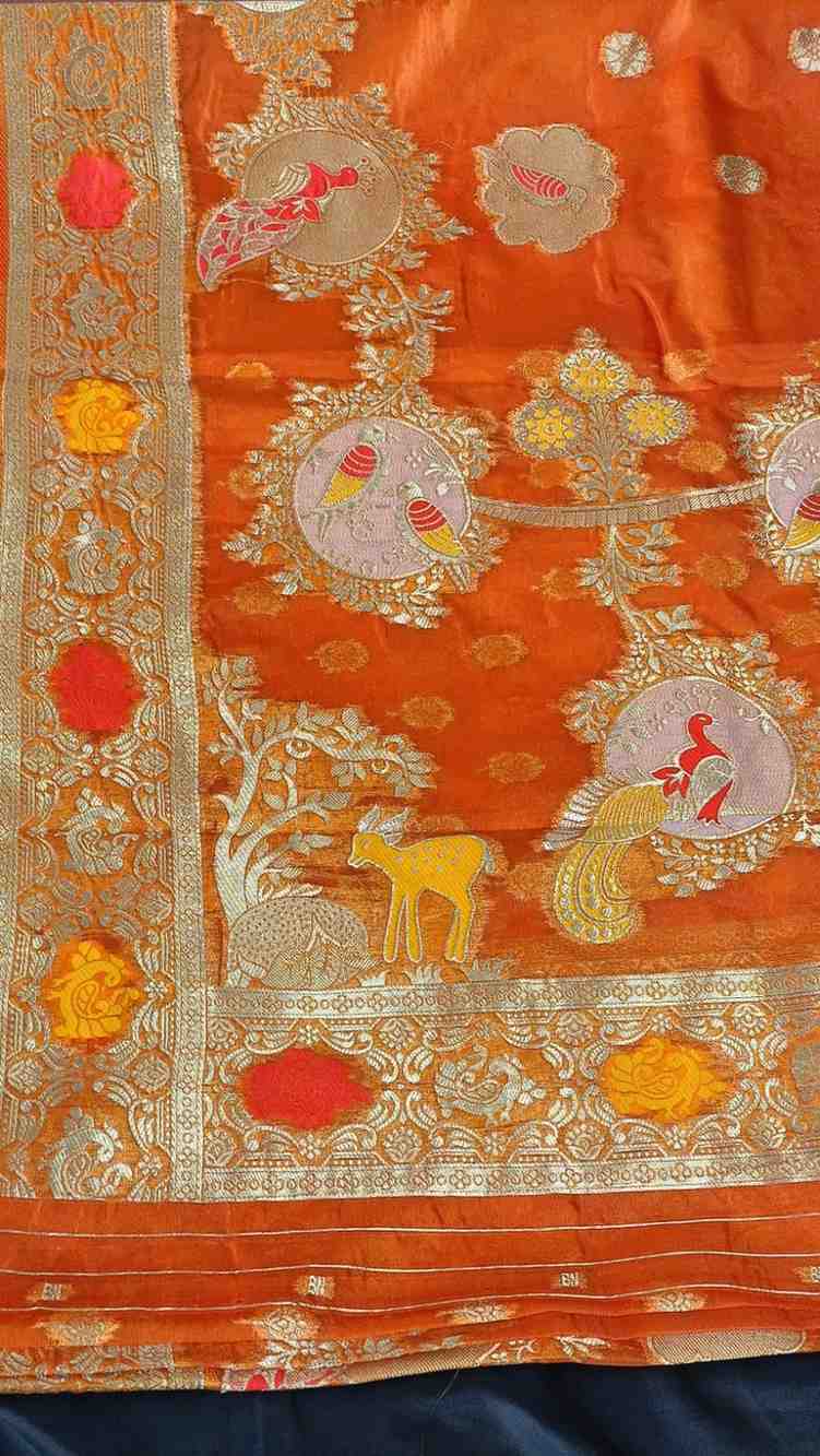 ORANGE PARROT PARTY BANARASI ORGANZA SAREE