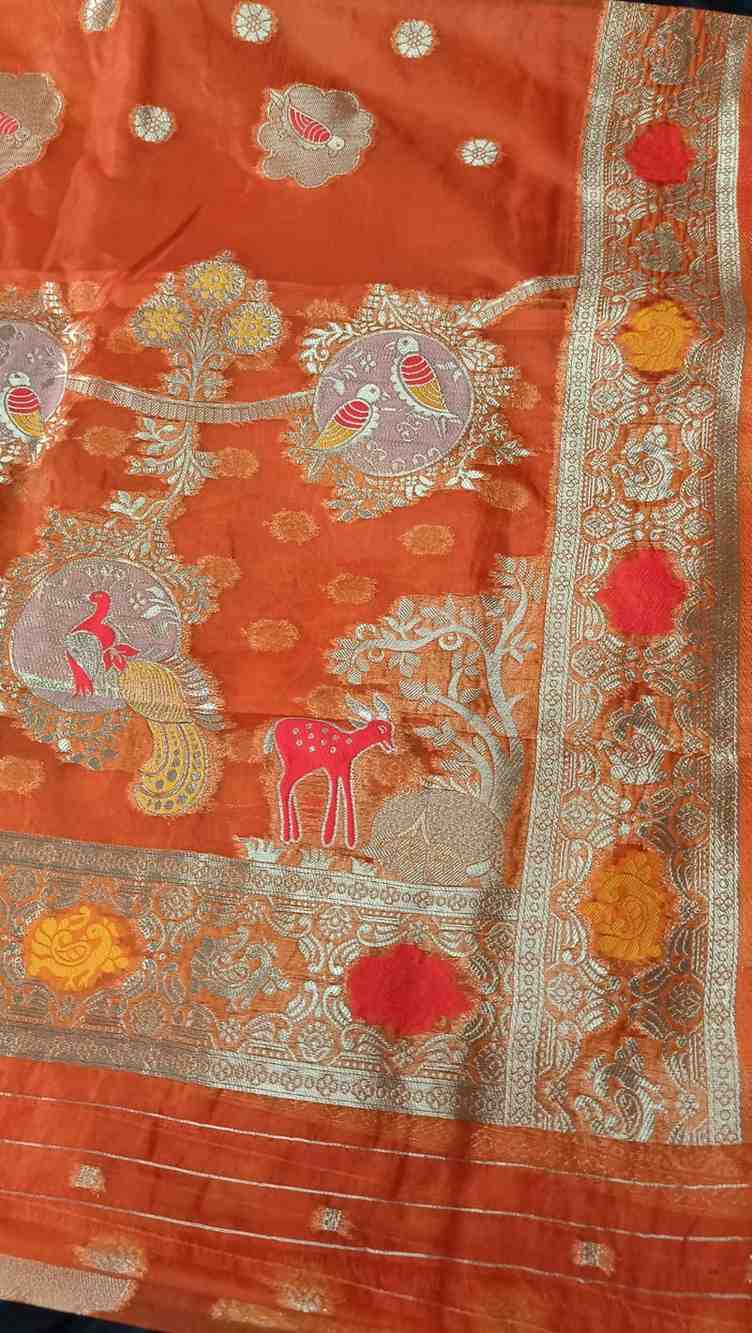 ORANGE PARROT PARTY BANARASI ORGANZA SAREE