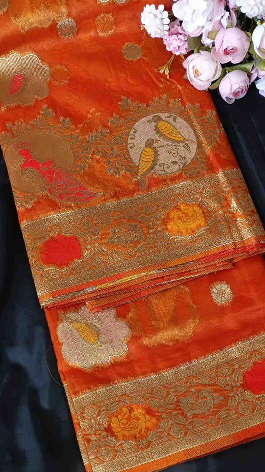 ORANGE PARROT PARTY BANARASI ORGANZA SAREE