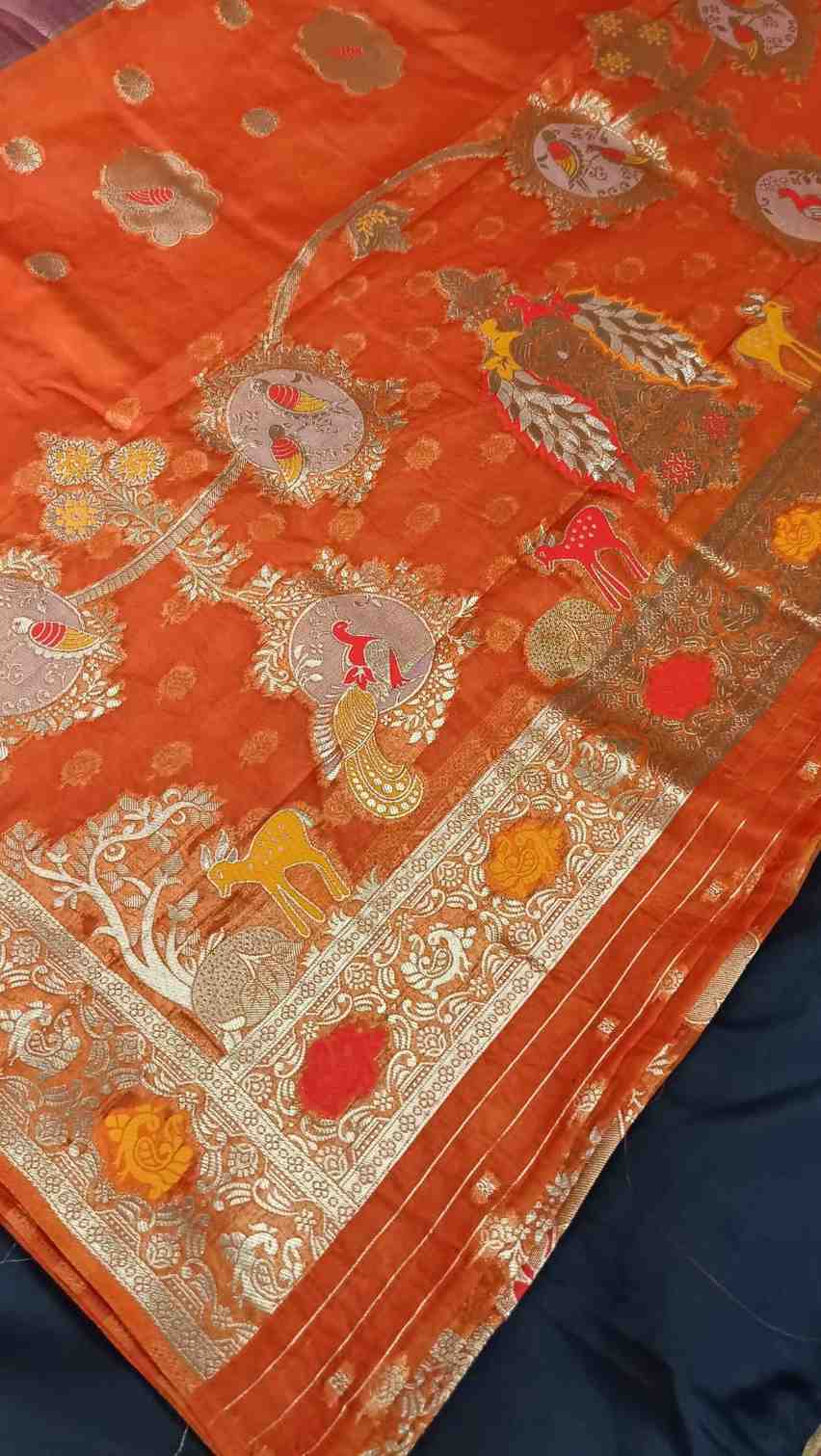 ORANGE PARROT PARTY BANARASI ORGANZA SAREE