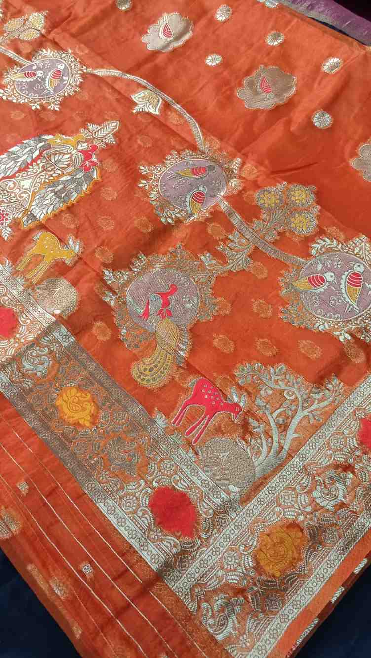 ORANGE PARROT PARTY BANARASI ORGANZA SAREE