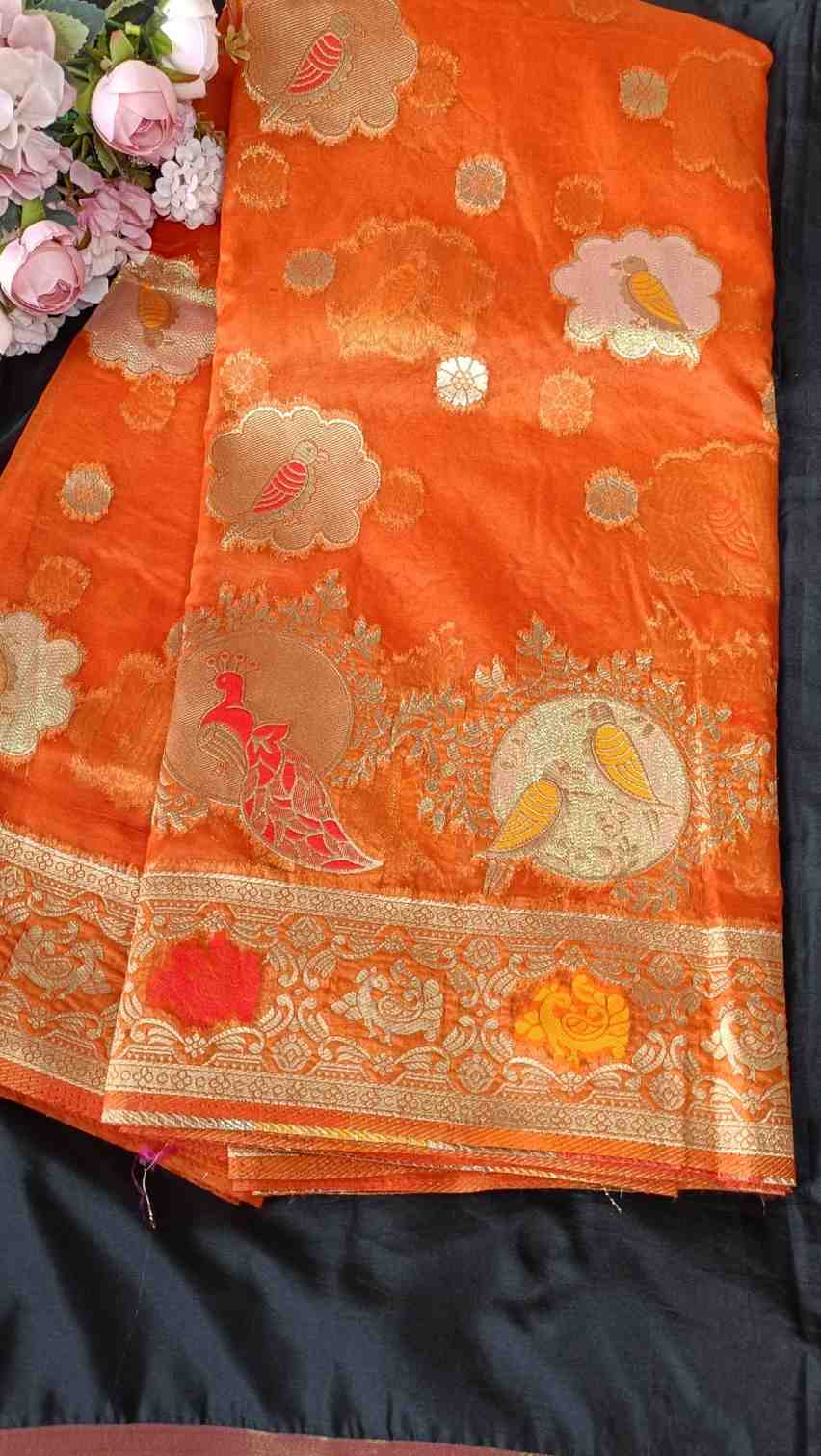 ORANGE PARROT PARTY BANARASI ORGANZA SAREE
