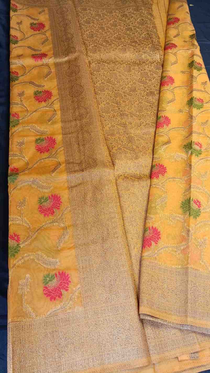 YELLOW ANTIQUE MEENA JAAL PARTY ORGANZA