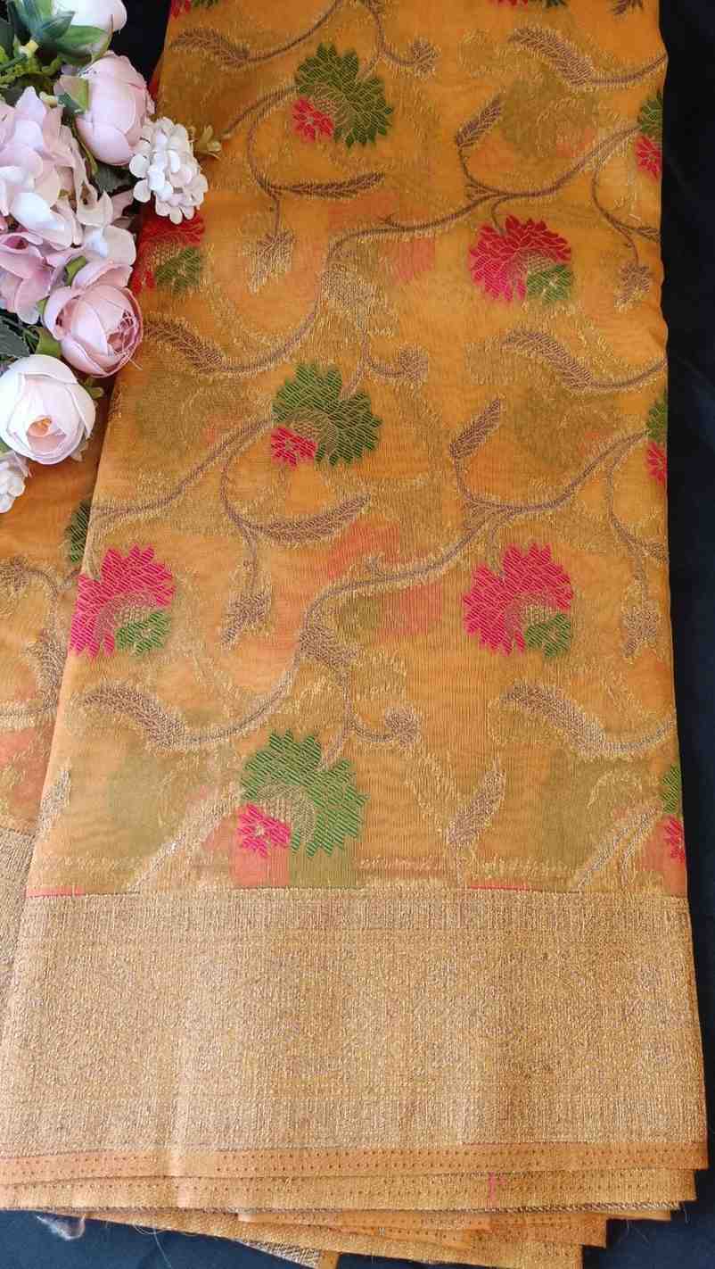 YELLOW ANTIQUE MEENA JAAL PARTY ORGANZA