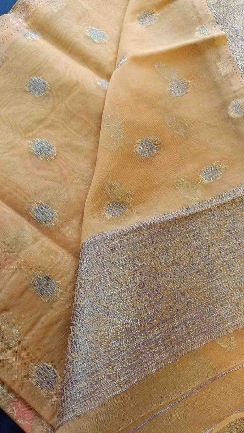 YELLOW ANTIQUE MEENA JAAL PARTY ORGANZA