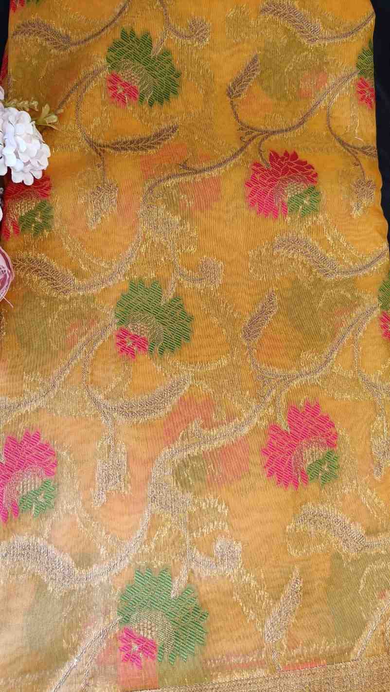YELLOW ANTIQUE MEENA JAAL PARTY ORGANZA