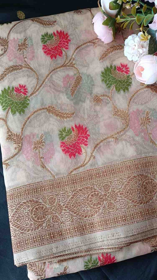 WHITE ANTIQUE MEENA JAAL PARTY ORGANZA