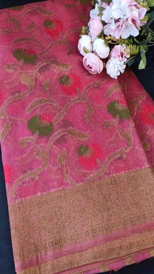 ONION PINK ANTIQUE MEENA JAAL PARTY ORGANZA