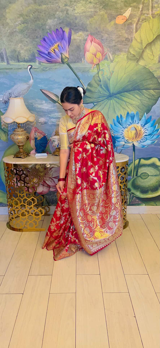 RED FLORAL JAAL BANARASI SATIN SILK SAREE