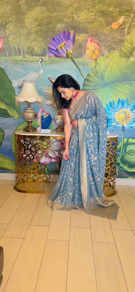 GREY MEENAKARI FLORAL JAAL PURE BANARASI KHADDI GEORGETTE SAREE