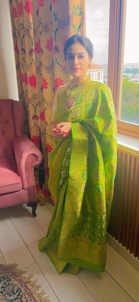 VIBRANT PARROT GREEN CHARM BANDHEJ BANARASI SEMI SILK SAREE