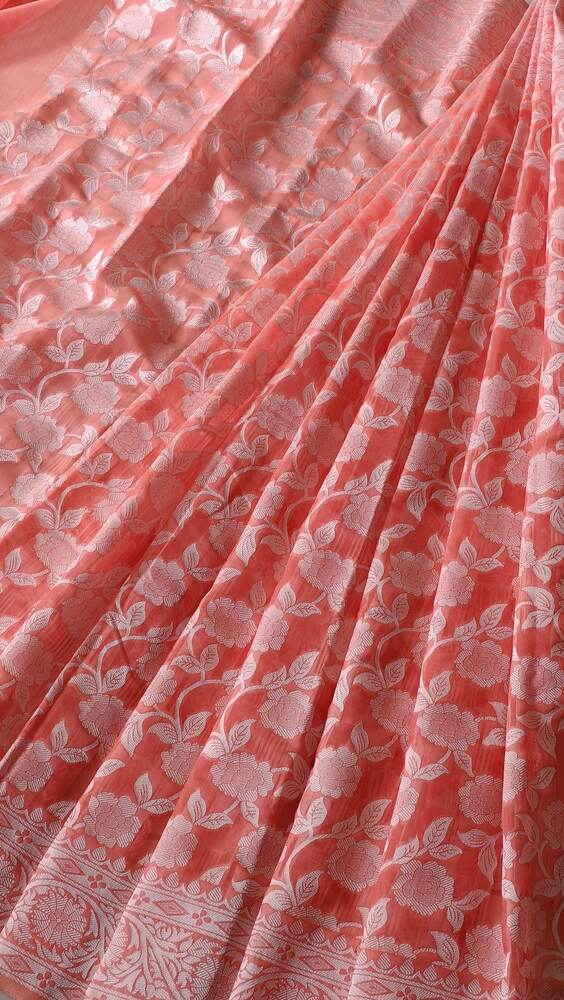 ORANGE FLORAL BANARASI COTTON WEAVE SAREE