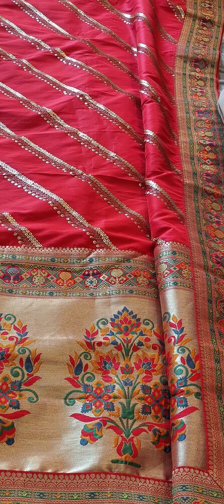 Semi Banarasi Saree, Weaving Silk good Saree, Lehariya Saree, Red Indian Saree With Blouse, Fine Quality Saree