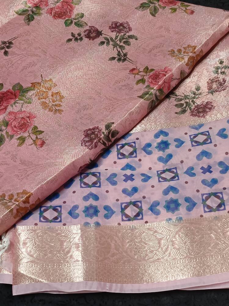 PASTEL PINK DIGITAL FLORAL BANARASI TISSUE SAREE