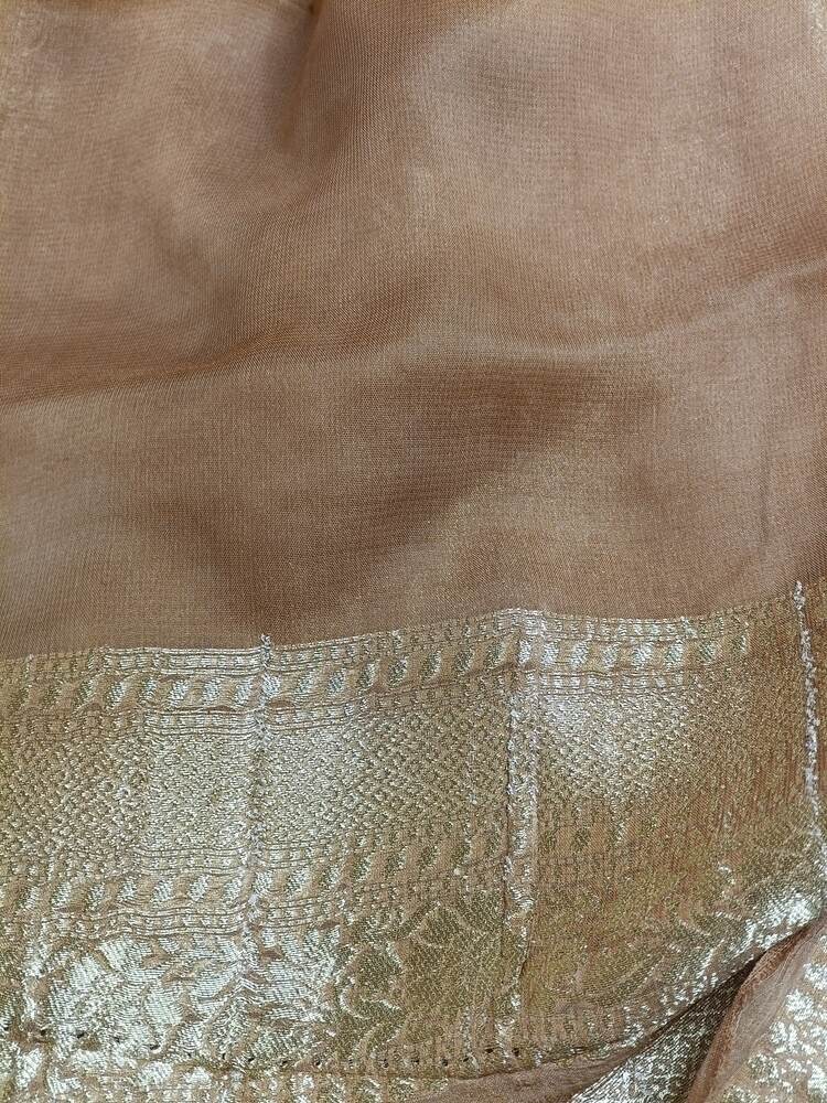 SKIN BROWN FLORAL JAAL PURE BANARASI KHADDI GEORGETTE SAREE