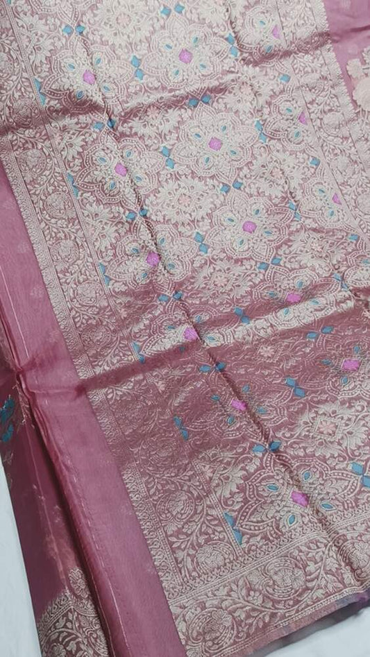 ONION PINK LEHARIYA MEENAKARI BANARASI ORGANZA SAREE