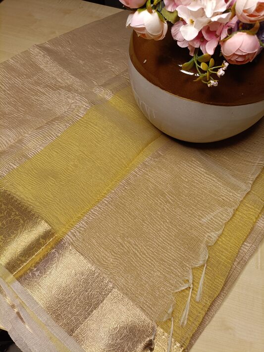 CREAM FLORAL BORDER CRUSHED TISSUE BANARASI SILK SAREE