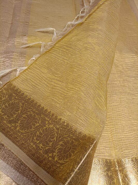 CREAM FLORAL BORDER CRUSHED TISSUE BANARASI SILK SAREE