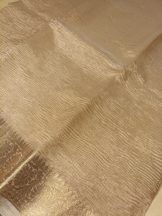 CREAM  FLORAL BORDER  CRUSHED TISSUE  BANARASI SILK SAREE