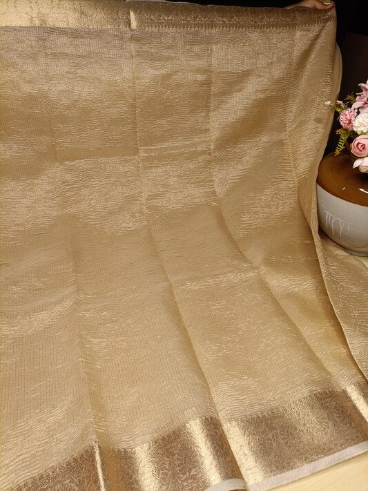CREAM FLORAL BORDER CRUSHED TISSUE BANARASI SILK SAREE